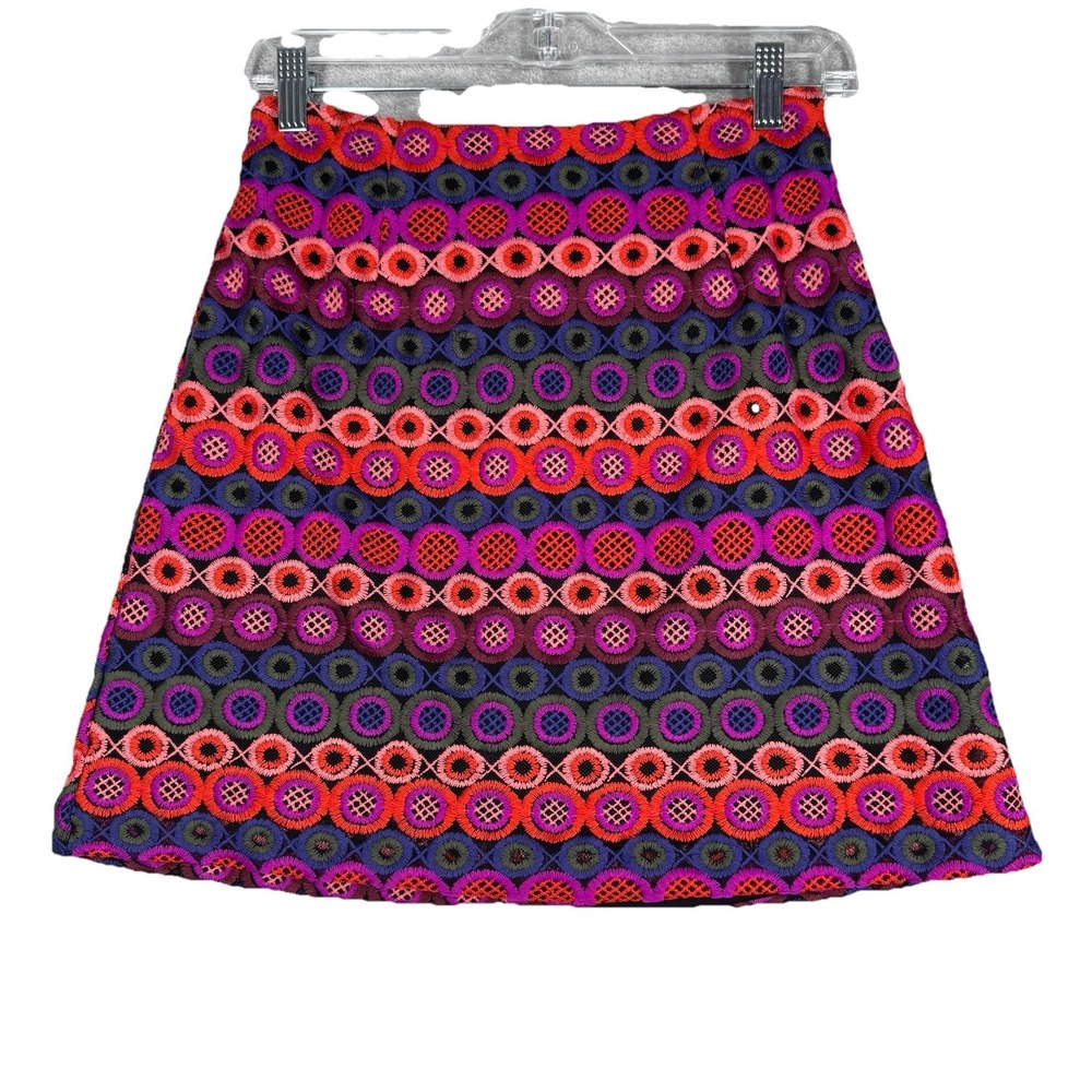 Hutch Skirt Womens 0 Purple Orange Embroidered Circles Preppy Bohemian Colorful